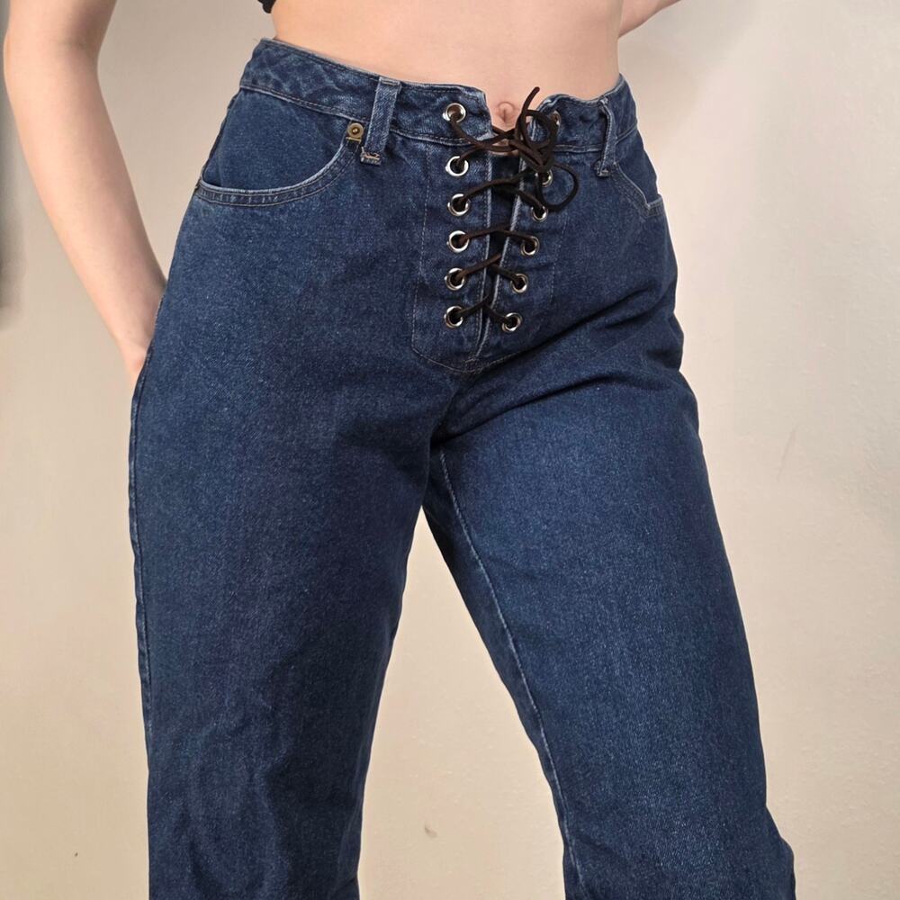 VINT 90s Lace Up Jeans High Waist Dark Wash Bootcut Moda International Size 8